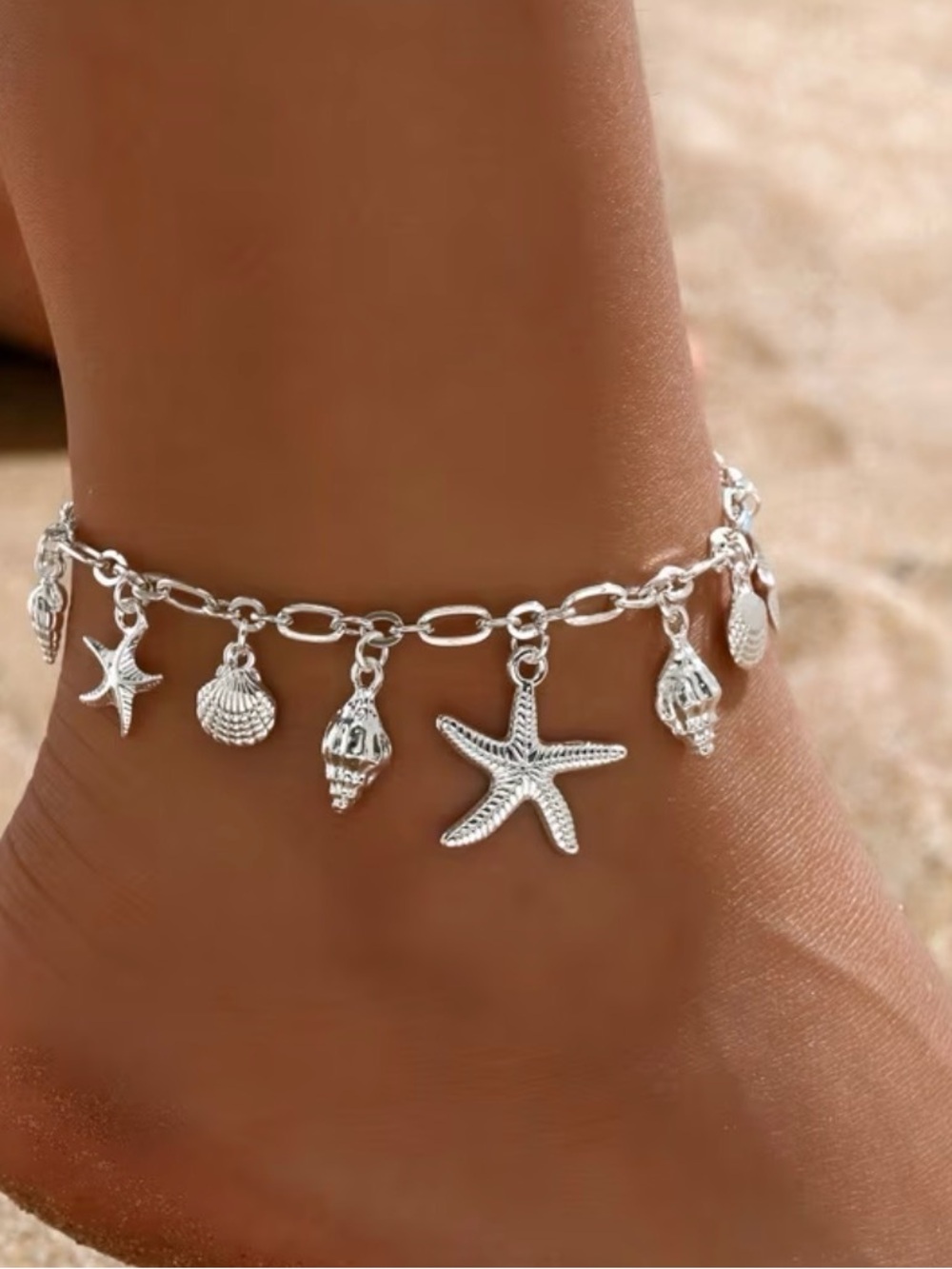 Silver Tone Beach Charm Anklet